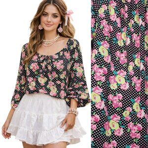 Y2K Betsey Johnson Coquette Floral Polka Dot Blouse Black Pink Romantic Size L